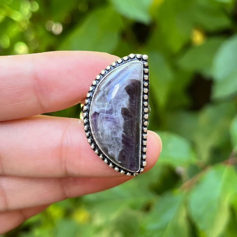 Size 6.75 925 silver plated half‎ moon amethyst ring